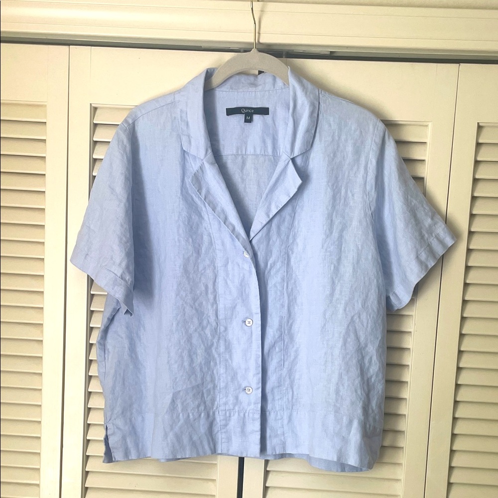 Quince Pale Blue Short-Sleeve Button-Down Linen Top
